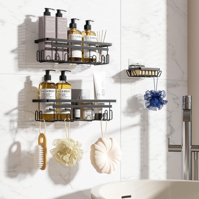 (schwarz) Badezimmerregal Mit Seifenschale, 3-teilig, Duschablage Ohne Bohren, Rostfreies Badezimmerzubehör, Must-haves Für Bad Und Küche