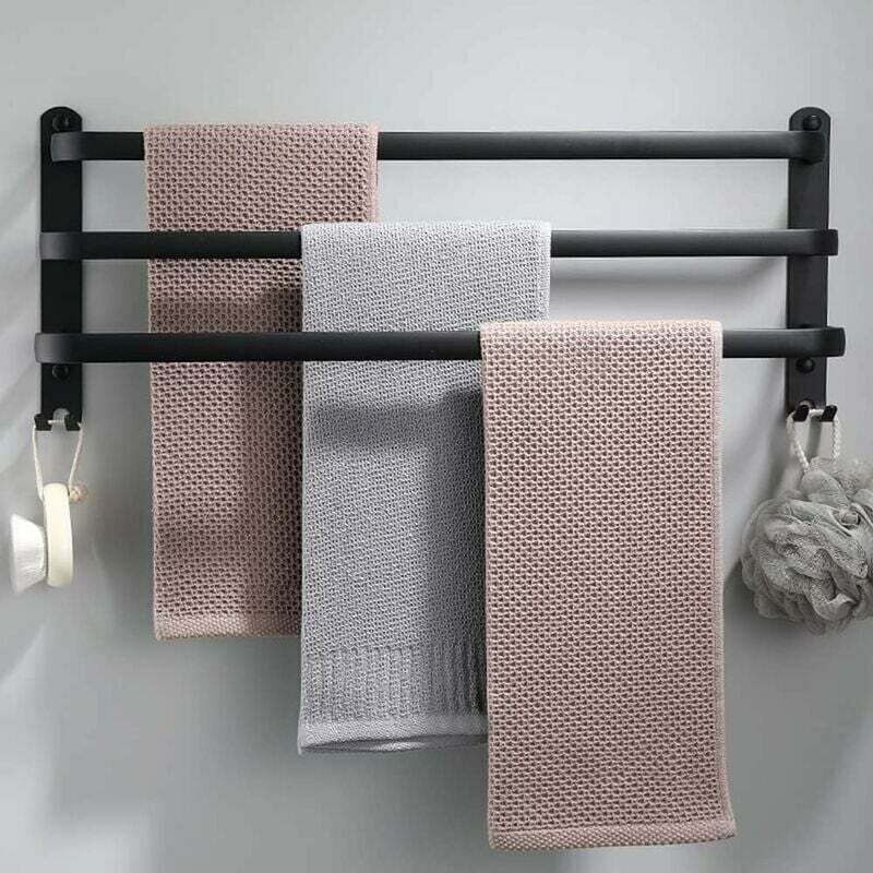 Groofoo Wandmontierter Handtuchhalter Aus Aluminium – 3 Ebenen – Mit Haken – 60 Cm – Wasserdicht – Schwarz – Für Bad, Küche, Dusche