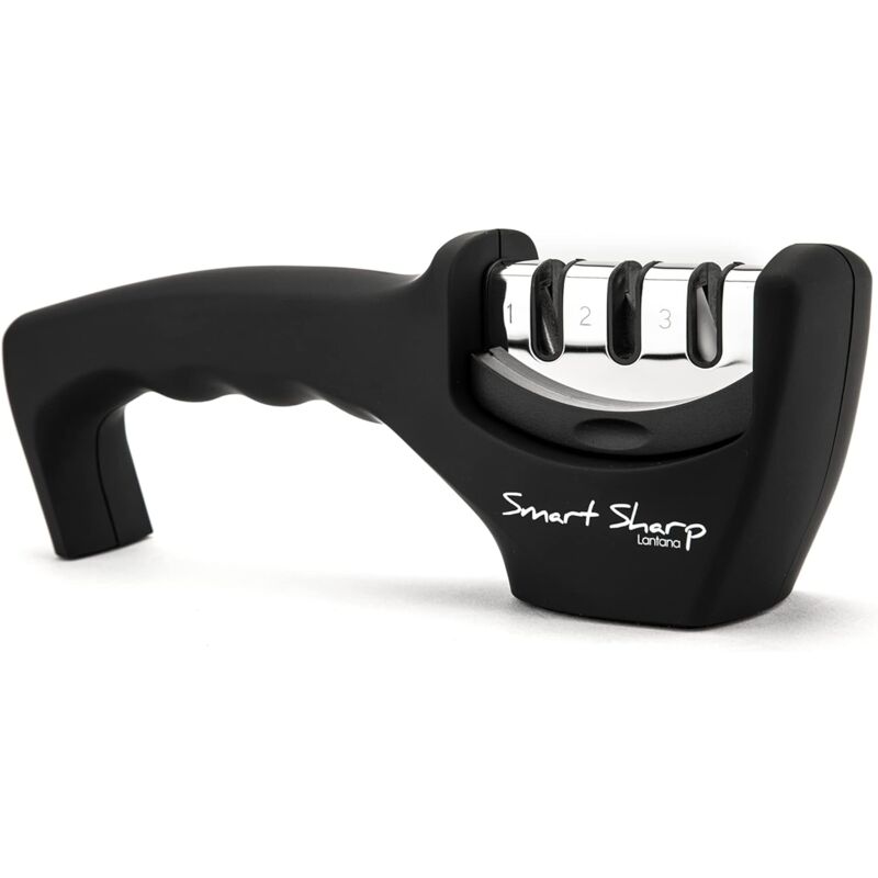 Smart Sharp 3-phasen-schärfer – Für Küchenmesser – Professionelles Ergebnis/ergonomisches Design – Keramikstein/wolframkarbid/diamant – Schwarz/verchromt