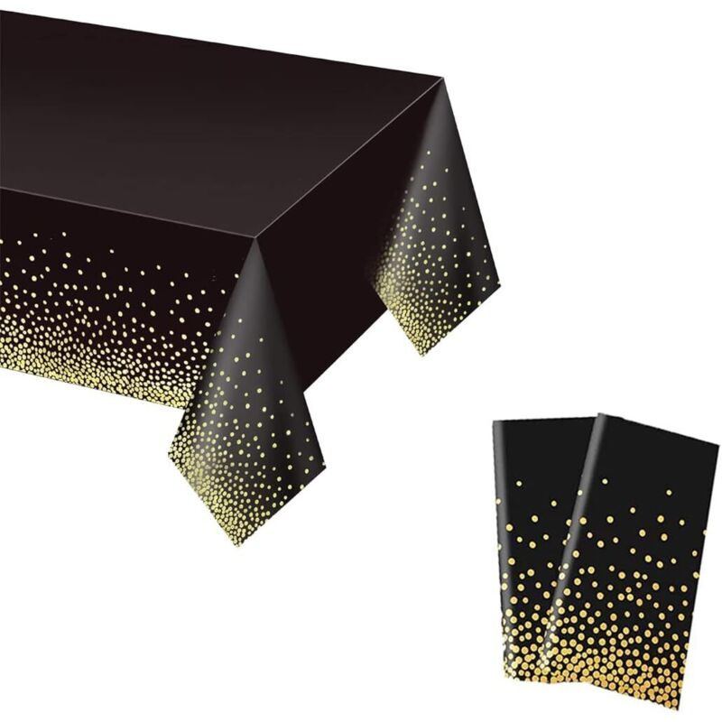 2 Stück Wasserdichte Tischdecken Aus Kunststoff Mit Polka-dots, 137 X 274 Cm, Schwarze Tischdecke Mit Goldenen Polka-dots, Rechteckige Einweg-partytischdecken Für Hochzeit, Geburtstag, Abschlussfeier,