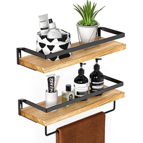 Set Mit 2 Wandregalen Aus Paulownienholz – Länge 42 Cm – Feuchtigkeits- Und Mottenbeständig – Inklusive Abnehmbarer Handtuchstange
