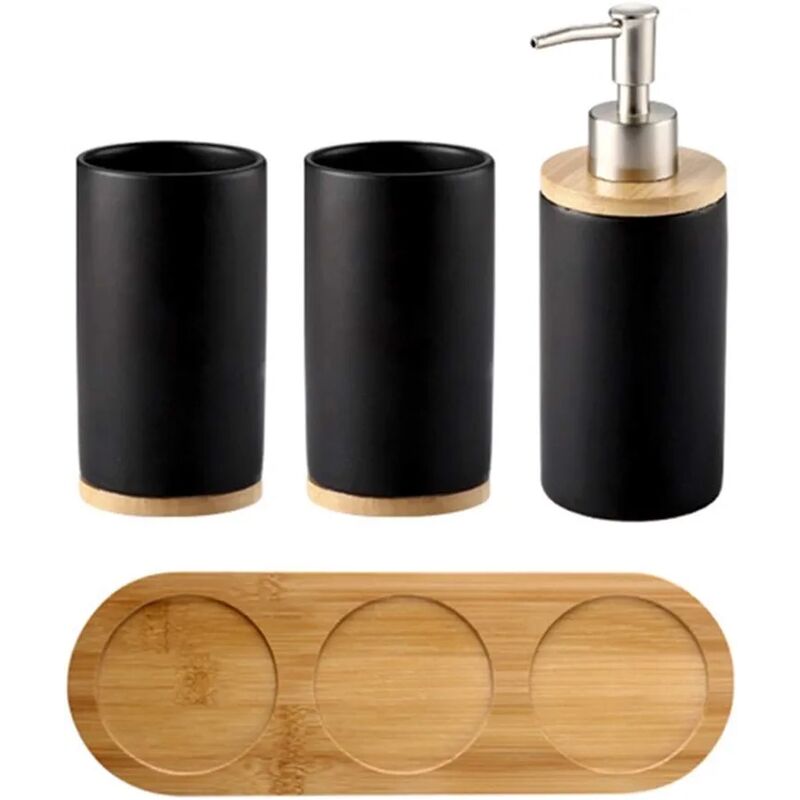 Set Mit 4 Keramik-badezimmeraccessoires, Zahnbürstenhalter, Seifenspender, Becher, Bambustablett (schwarz)