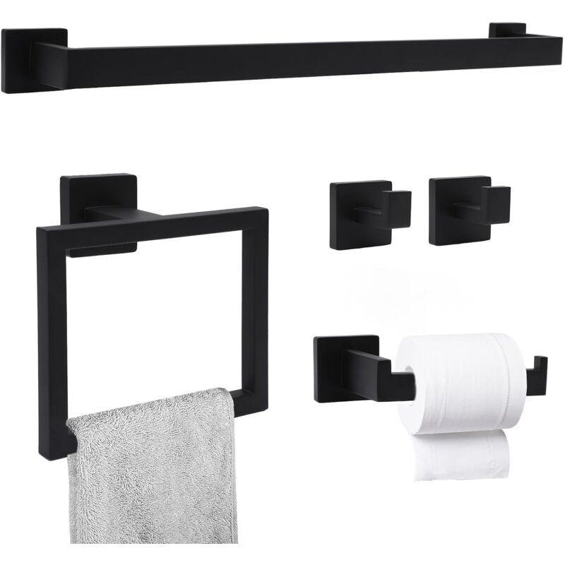 Set Mit 5 Badezimmeraccessoires Aus Schwarzem Edelstahl, 60 Cm Lange, Wandmontierte Handtuchstange