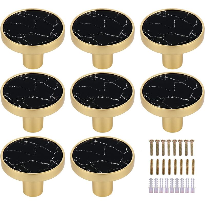 Set Mit 8 Runden Schubladenknöpfen Aus Marmoriertem Messing, Schwarz – Dekorative Schwarze Schubladenknöpfe – Goldene Kommodenknöpfe – Beschläge Für Küchenschränke, Kleiderhaken, Perle