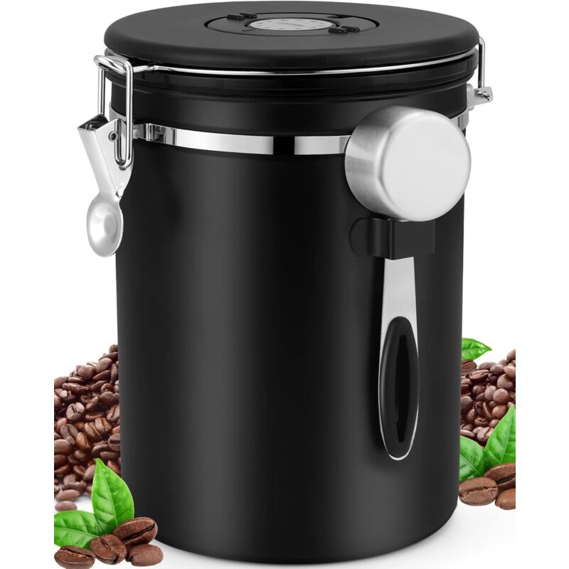 Luftdichter Kaffeebehälter, Kaffeebohnenbehälter Mit Messlöffel (2,8 L, Schwarz)