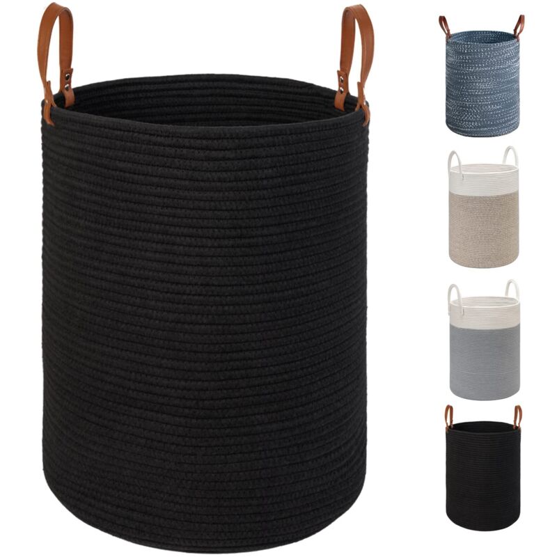 Extra Großer Wäschekorb – 40 Cm (t) X 50 Cm (h) – Faltbarer Korb Aus Gewebtem Baumwollseil Mit Ledergriffen Zur Aufbewahrung Von Kleidung, Windeln, Spielzeug (schwarz)