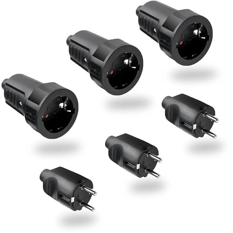 Schwarze, Wasserdichte Außenstecker (3 Paar), 250 V, 6 A, Schutzart Ip44, 2-polig, Runde Füße, Ohne Kabel