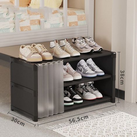 Einfacher Dreistöckiger Schuhschrank Mit Türvorhang – Schwarz