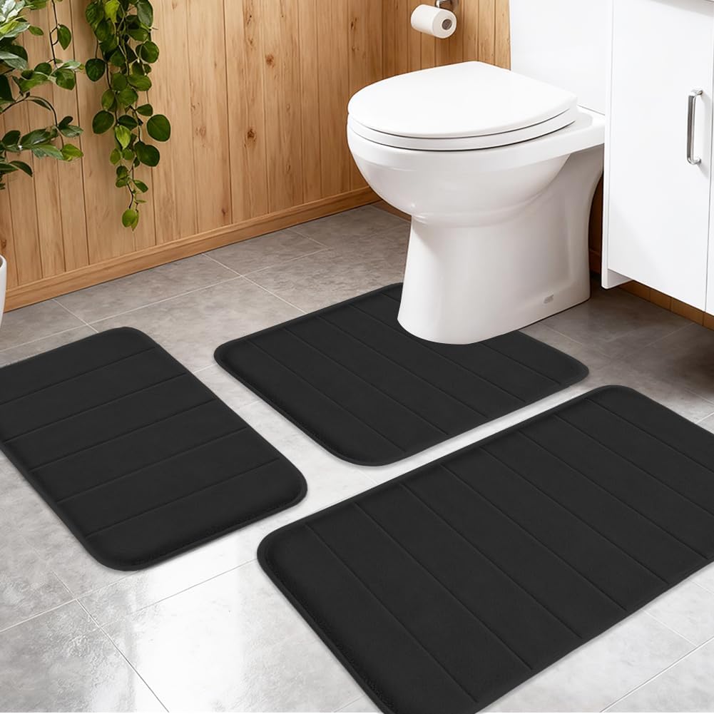 Bathroom Rug Set 3-piece Bath Mat With Non-slip Back, Soft Shower Mat, Washable And Quick Drying, For Shower, Toilet And Bathroom, 50 X 80 + U-shaped 50 X 60 + 40 X 60 Cm (black)