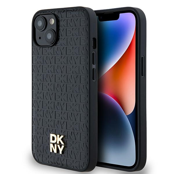 Dkny Dkhmp14spshrpsk Iphone 14/15/13 Schwarze Hartschalen-schutzhülle Aus Leder Mit Monogramm-muster Und Metalllogo, Magsafe