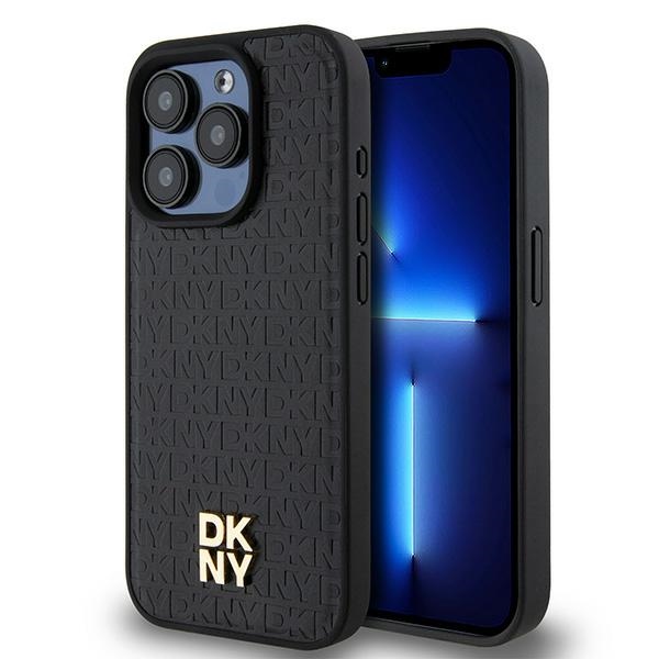 Dkny Dkhmp15lpshrpsk Iphone 15 Pro 6,1" Schwarze Hartschalen-schutzhülle Mit Ledermuster, Monogramm, Metalllogo Und Magsafe-funktion