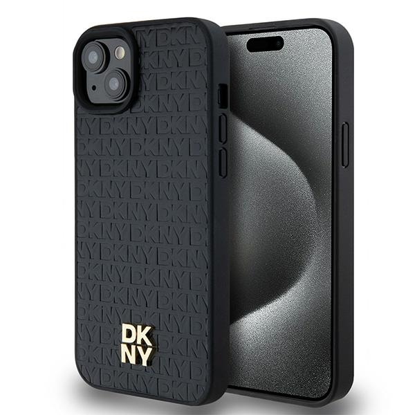 Dkny Dkhmp15mpshrpsk Iphone 15 Plus / 14 Plus 6,7" Schwarze Hartschalen-schutzhülle Aus Leder Mit Monogramm-muster, Metalllogo Und Magsafe-funktion
