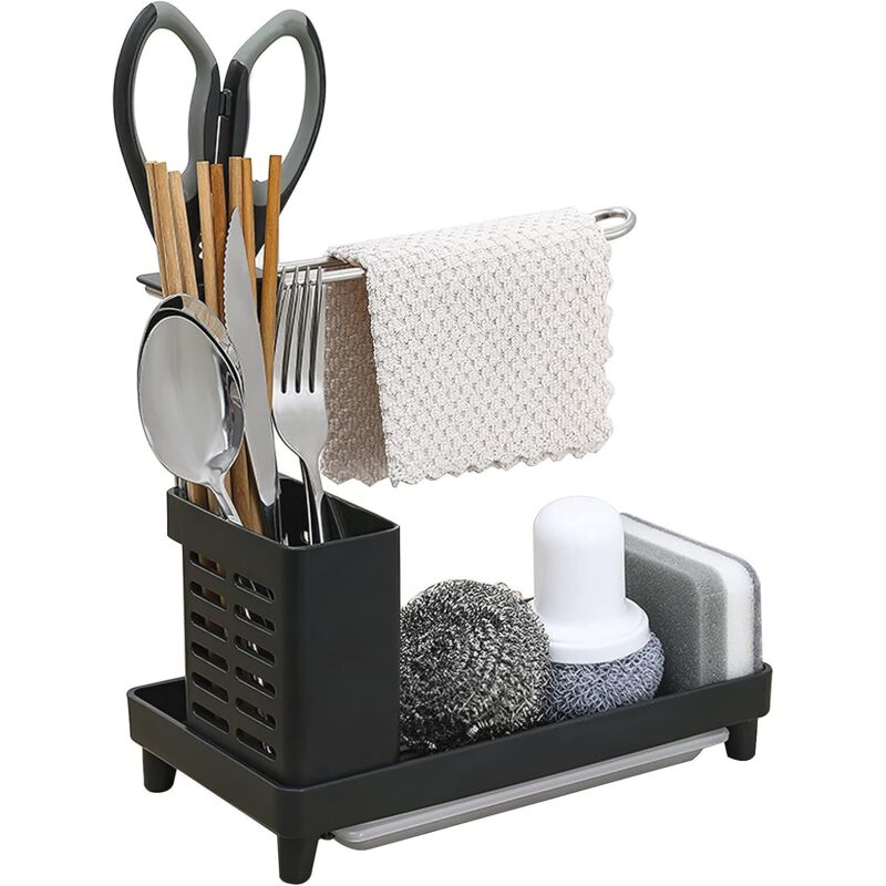 Spülbeckenablage Mit Abtropfschale Und Aufbewahrung Für Bürste Und Schwamm, Organizer (schwarz)