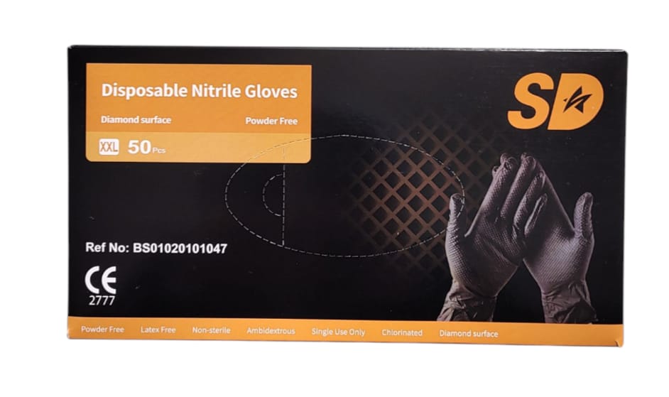 Sd Medispo Dicke Nitrilhandschuhe – Diamantgriff, Schwarz – 85 G – 50 Stück, Xxl