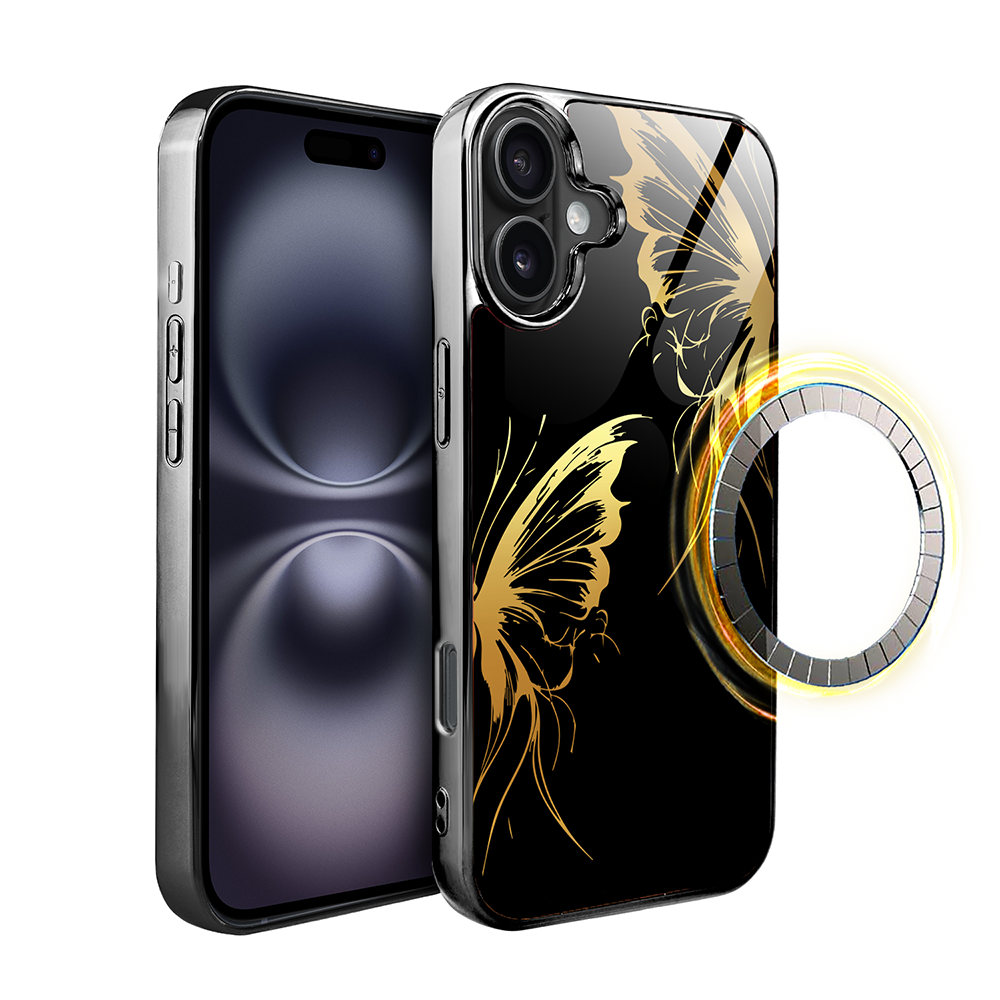 Iphone 16 Plus Ibizu Elite Glashülle Mit Magsafe, Glasrückseite, Golden Midnight, Schmetterlingsflügel, Schwarz