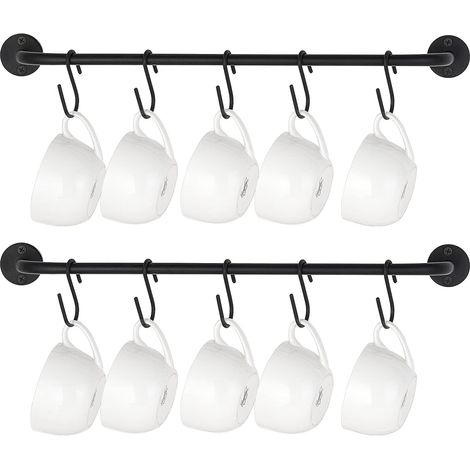 Set Aus 2 Modernen, Wandmontierten Kaffeetassenhaltern Aus Metall Mit 10 Rustikalen Haken Für Küchenutensilien, Esszimmer, Café, Schwarz