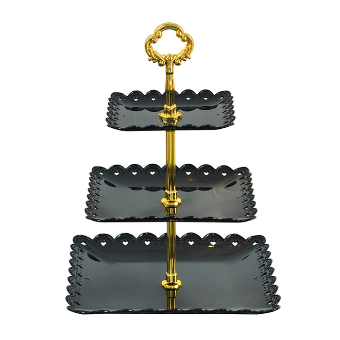 Schwarzer, Dreistöckiger Tortenständer Mit Goldenem Griff, Quadratischer Kunststoff