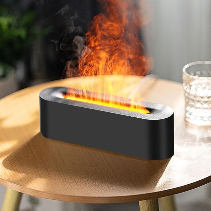 Schwarzer Ätherischer Öldiffusor Mit Flammeneffekt, 7-farbiger Led-beleuchtung, Luftbefeuchter, Raumduftdiffusor, Aromatherapie-diffusor, Timerfunktion Und Automatischer Abschaltung Bei Wassermangel