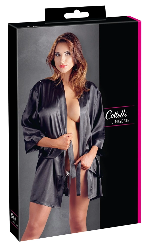 Cottelli Lingerie – Kurzer Satinmorgenmantel Mit Bindegürtel, Schwarz, L/xl