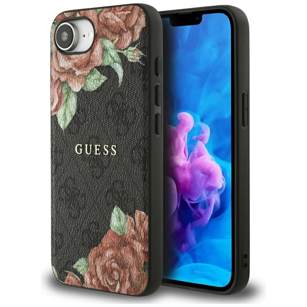 Guess 4g Magsafe-hülle Mit Blumenmuster Für Iphone 16e / 17e, Schwarz
