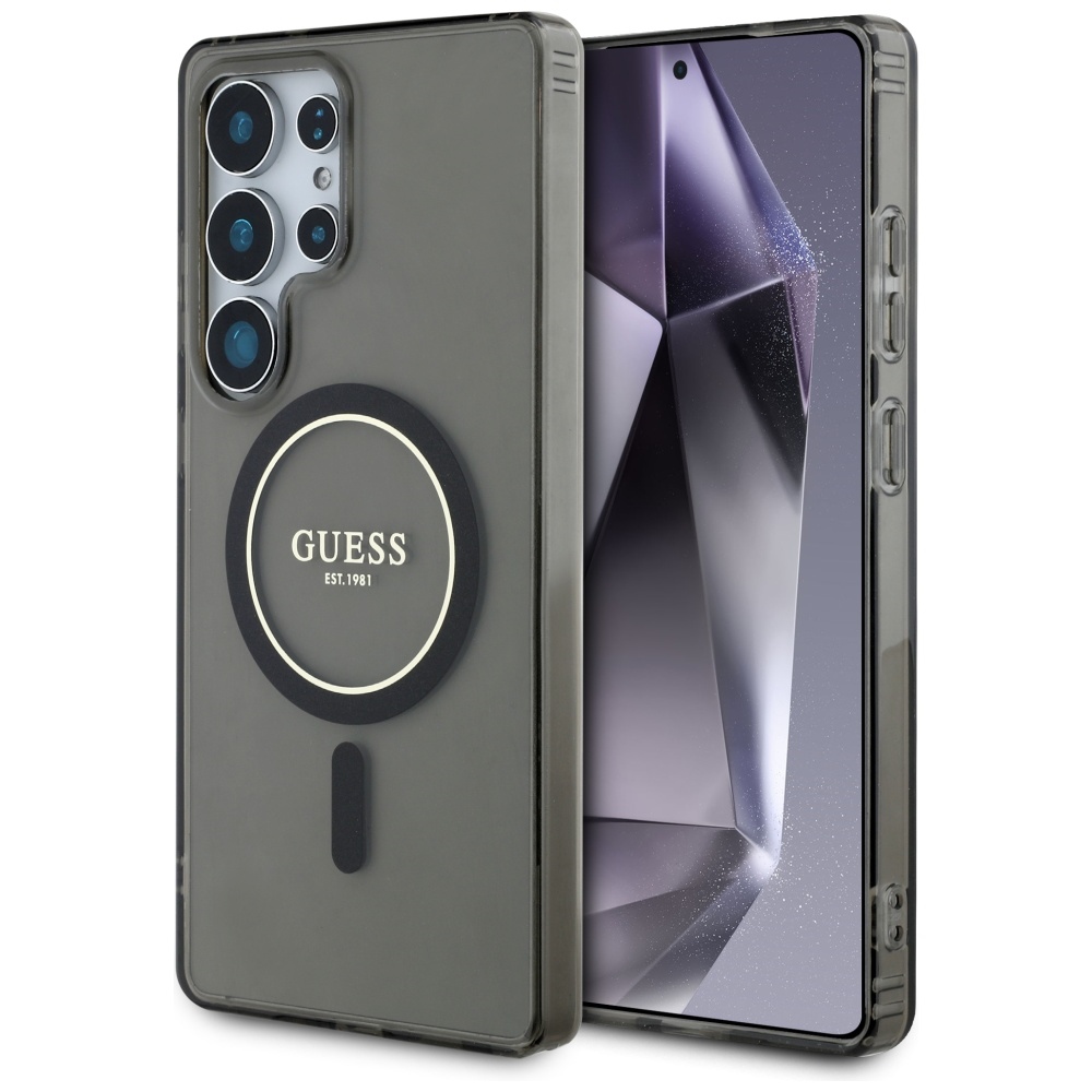 Guess Glitter Circle Classic Logo Magsafe Hülle Für Samsung Galaxy S25 Ultra, Schwarz
