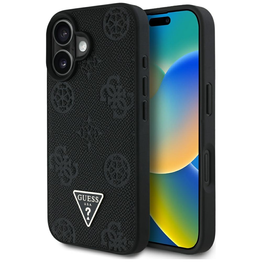 Guess Magsafe Hülle Mit Genarbtem, Heißgeprägtem Pfingstrosen-dreieckslogo Für Iphone 16, Schwarz