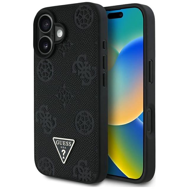 Guess Magsafe Hülle Mit Genarbtem, Heißgeprägtem Pfingstrosen-dreieckslogo Für Iphone 16, Schwarz