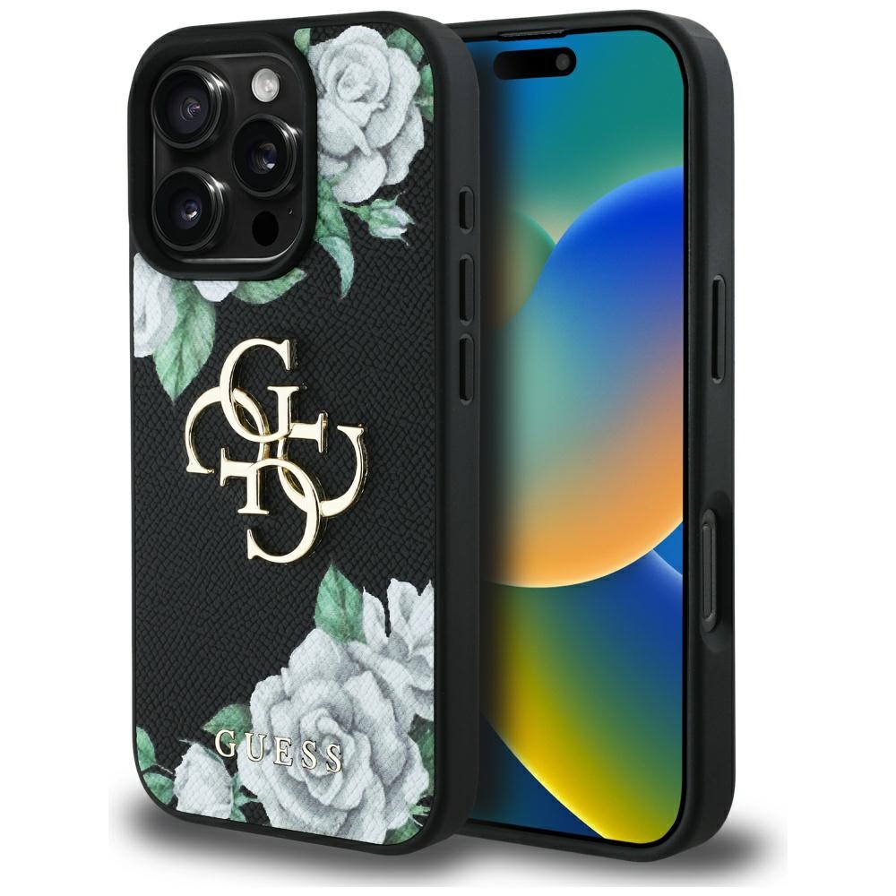 Guess Grained Roses Big 4g Logo Hülle Für Iphone 16 Pro Schwarz