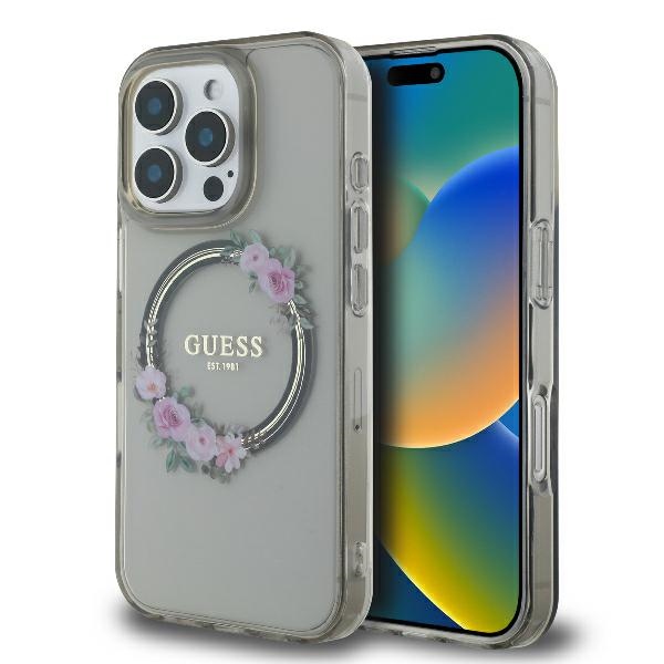 Guess Guhmp16xhfwfck Iphone 16 Pro Max 6,9" Schwarze/schwarze Hartschalen-hülle Iml Blumenkranz Magsafe