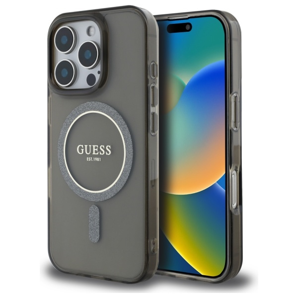 Guess Guhmp16xhfgerek Iphone 16 Pro Max 6,9" Schwarze/schwarze Hartschalen-hülle Mit Iml-glitzerkreis Und Magsafe-funktion