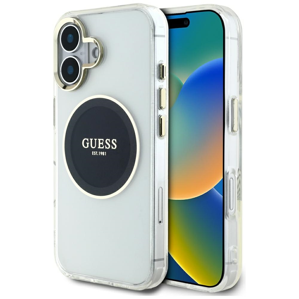 Guess Iml Magsafe Hülle Mit Metallisch-farbigem Kreis-logo Für Iphone 16, Schwarz