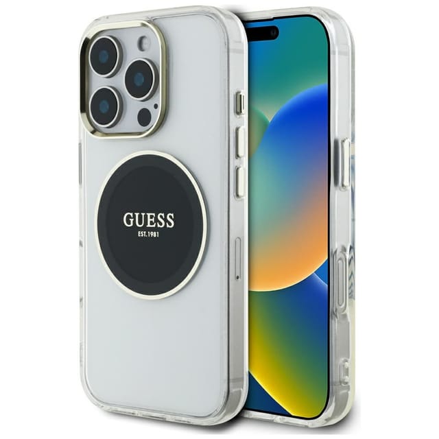 Guess Iml Magsafe Hülle Mit Metallisch-farbenem Kreis-logo Für Iphone 16 Pro Max, Schwarz