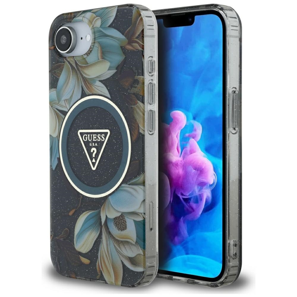 Guess Iml Metal Glitter Flowers Triangle Magsafe Hülle Für Iphone 16e / 17e Schwarz