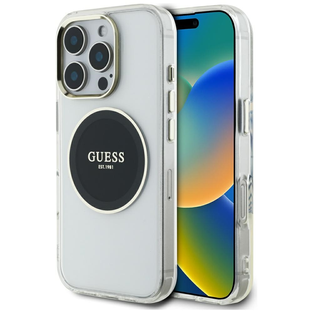 Guess Iml Magsafe Hülle Mit Metallisch-farbigem Kreis-logo Für Iphone 16 Pro, Schwarz