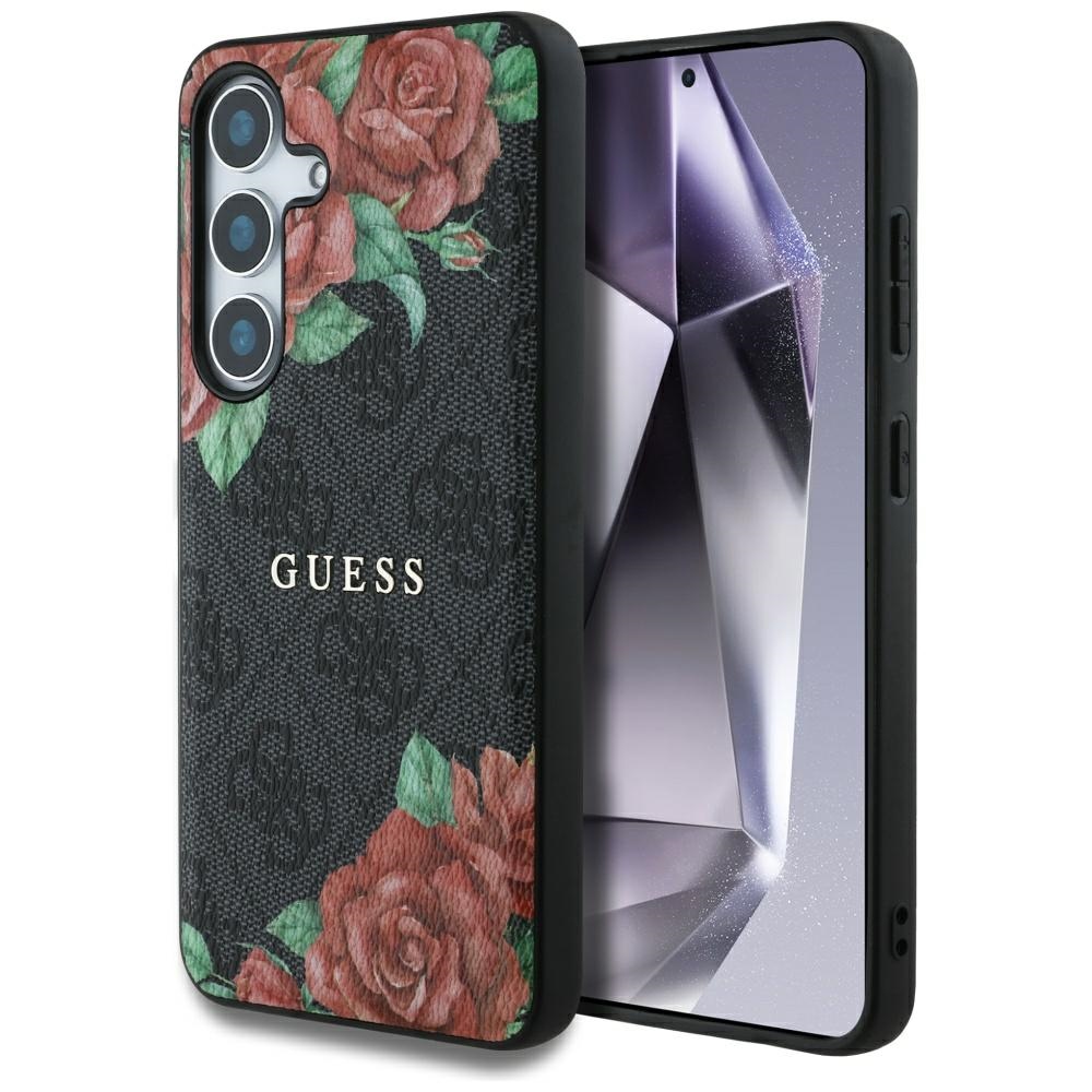 Guess Lederhülle 4g Mit Blumenmuster, Metall-logo Und Magsafe Für Samsung Galaxy S25, Schwarz