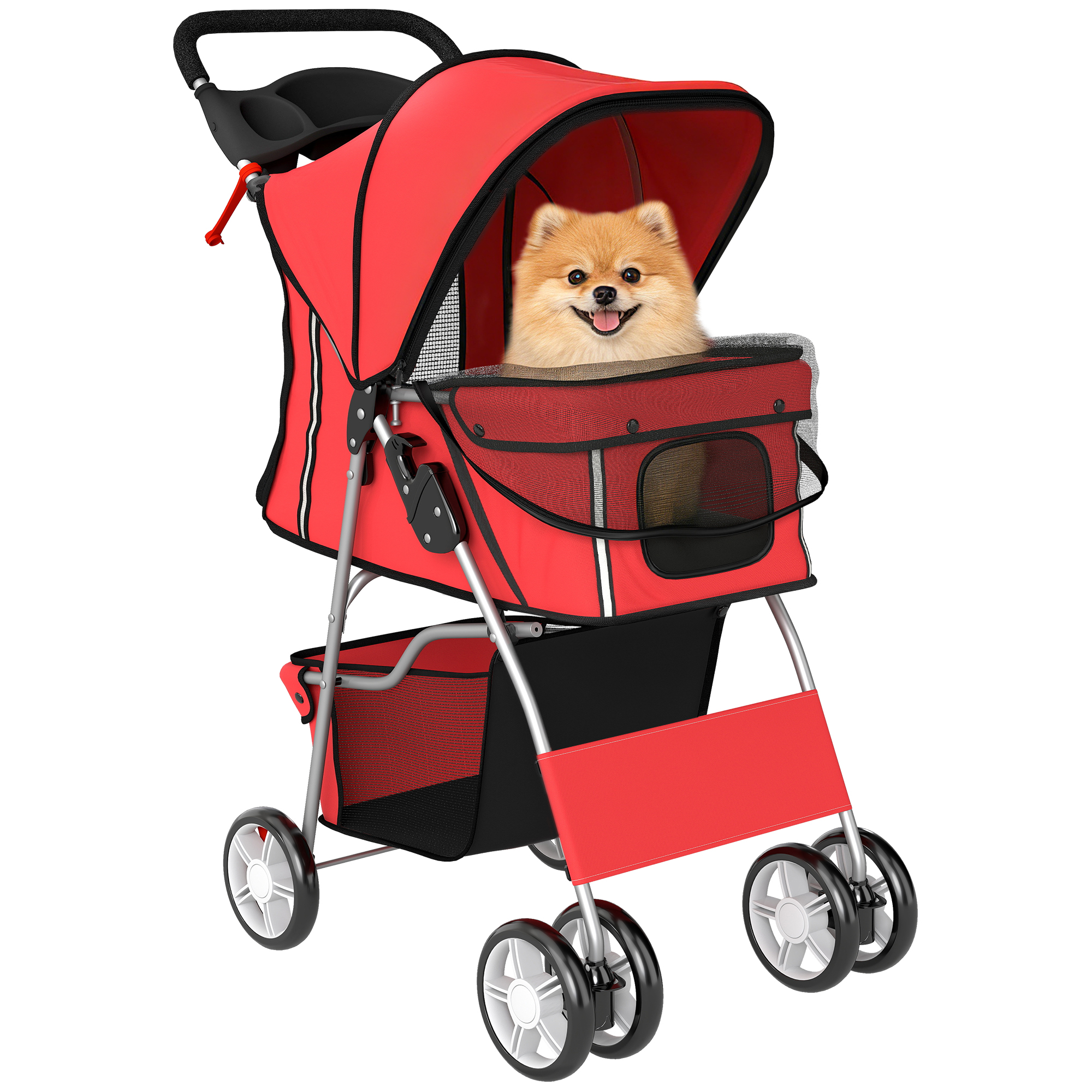 Hundewagen Faltbar Hundebuggy Mit Reflektorstreif Aufbewahrungskorb Kissen Für Kleine Hunde Bis 10 Kg 77x44x102cm Rot
