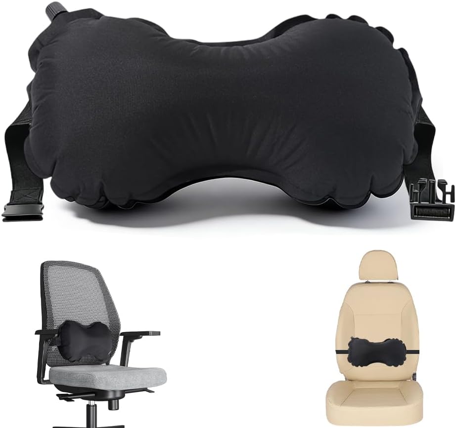 Inflatable Lumbar Cushion With Strap, Portable Lumbar Cushion, Adjustable Back Support Cushion For Car Seat, Office Chair And Gaming Chair, For Rest, Travel And Work, Black