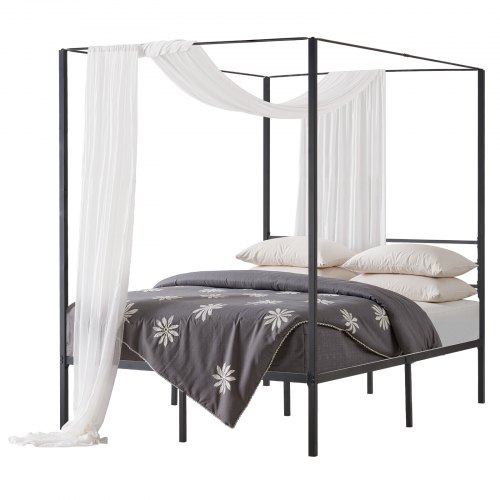 Himmelbettrahmen (full Size), Metallhimmelbett Mit Himmelbett-design (363 Kg Belastbar), Robuste Stahllattenstütze (quadrat), Stauraum Unter Dem Bett, Kein Boxspring Erforderlich, Schwarz
