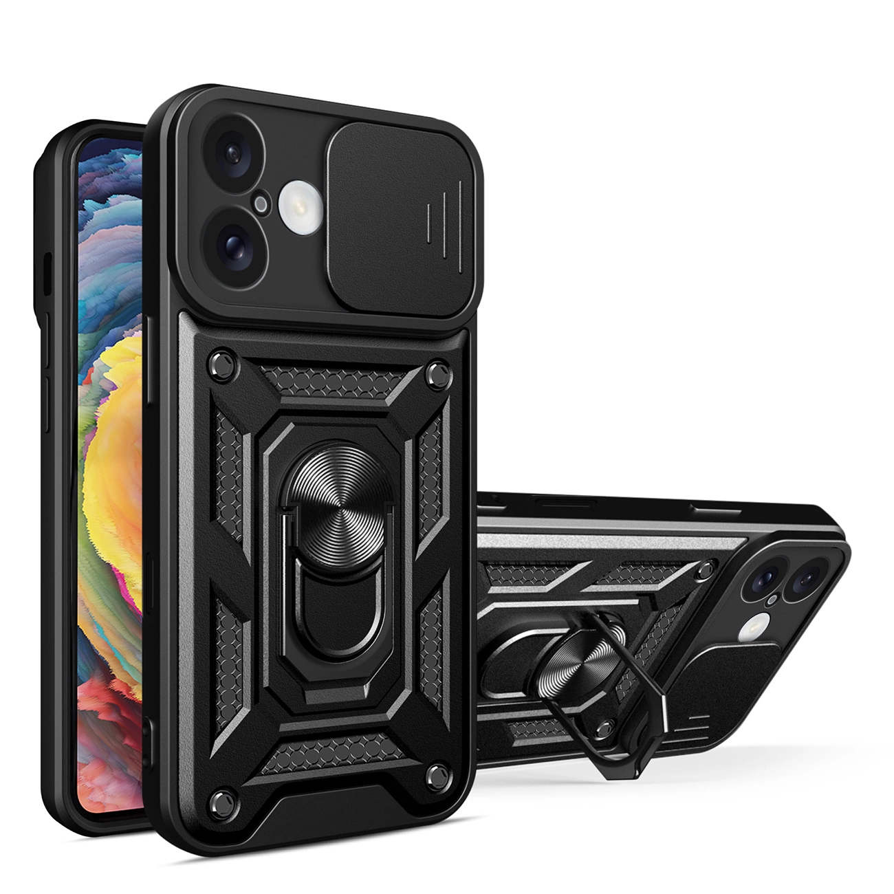 Hybrid Armor Camshield Hülle Für Iphone 16 Plus Mit Kameraabdeckung Und Ständer – Schwarz