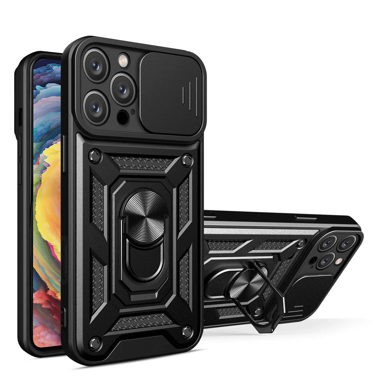 Hybrid Armor Camshield Hülle Für Iphone 16 Pro Mit Kameraabdeckung Und Ständer – Schwarz