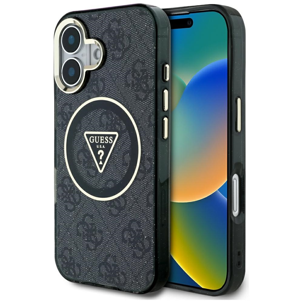 Guess Iml Metal Glitter 4g Circle Triangle Magsafe Hülle Für Iphone 16 Schwarz