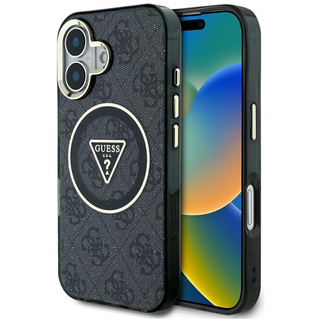 Guess Iml Metal Glitter 4g Circle Triangle Magsafe Hülle Für Iphone 16 Schwarz