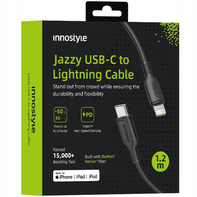 Innostyle Jazzy Usb-c Lightning-kabel Mfi-schnellladefunktion Für Iphone, Kevlar, 1 M, Schwarz