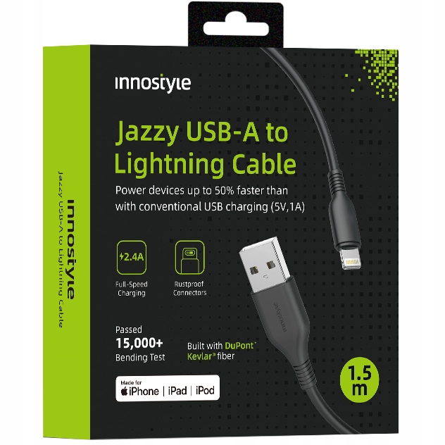 Innostyle Jazzy Usb-lightning-kabel, Mfi-schnellladefunktion Für Iphone, Kevlar, 2 M, Schwarz
