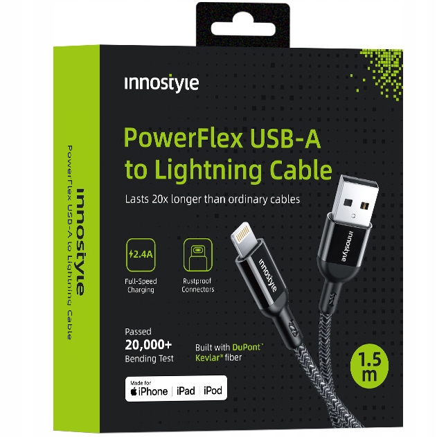 Innostyle Powerflex Usb-lightning-kabel Mfi-schnellladefunktion Für Iphone, Kevlar, 2 M, Schwarz