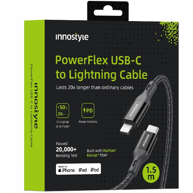 Innostyle Powerflex Usb-c Lightning-kabel Mfi-schnellladekabel Für Iphone, Kevlar, 2 M, Schwarz