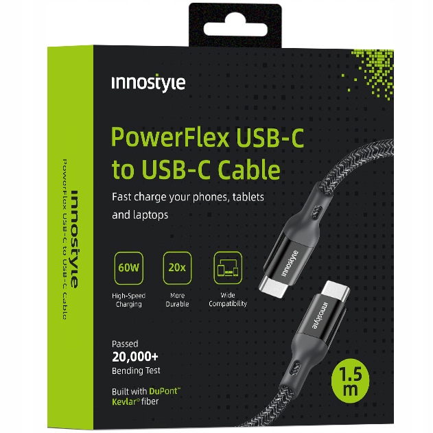 Innostyle Powerflex Usb-c-schnellladekabel Für Iphone Und Samsung, 3a 60w, Kevlar, 2 M, Schwarz