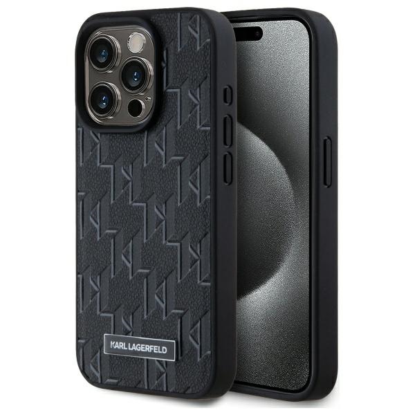 Karl Lagerfeld Klhmp15lpkhporpk Iphone 15 Pro 6,1" Hartschalenetui, Schwarz/schwarzes Leder, Monogramm, Metalllogo, Magsafe