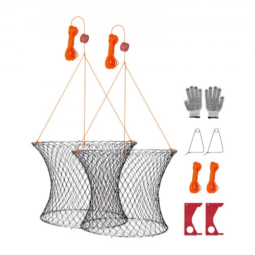 Krabbenfallen Mit Doppelringen 60 Cm (oben) 50 Cm (unten), Krabbenreusen 2 Stk. Faltbar Mit Skala, 18,28 M Seil Und Drahtgitterboden, Krabbensenke Für Blaukrabben Wollhandkrabben