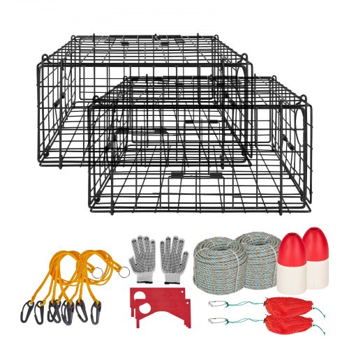 Krabbenfalle 2er-pack, 62 X 62 X 30 Cm Krabbenreuse Für Dungeness Crabs, Pvc-beschichtetes Drahtgeflecht, Inkl. 30 M Bleileine, Boje (rot+ Weiß) Und Handschuhen, Angelzubehör Für Salzwasser